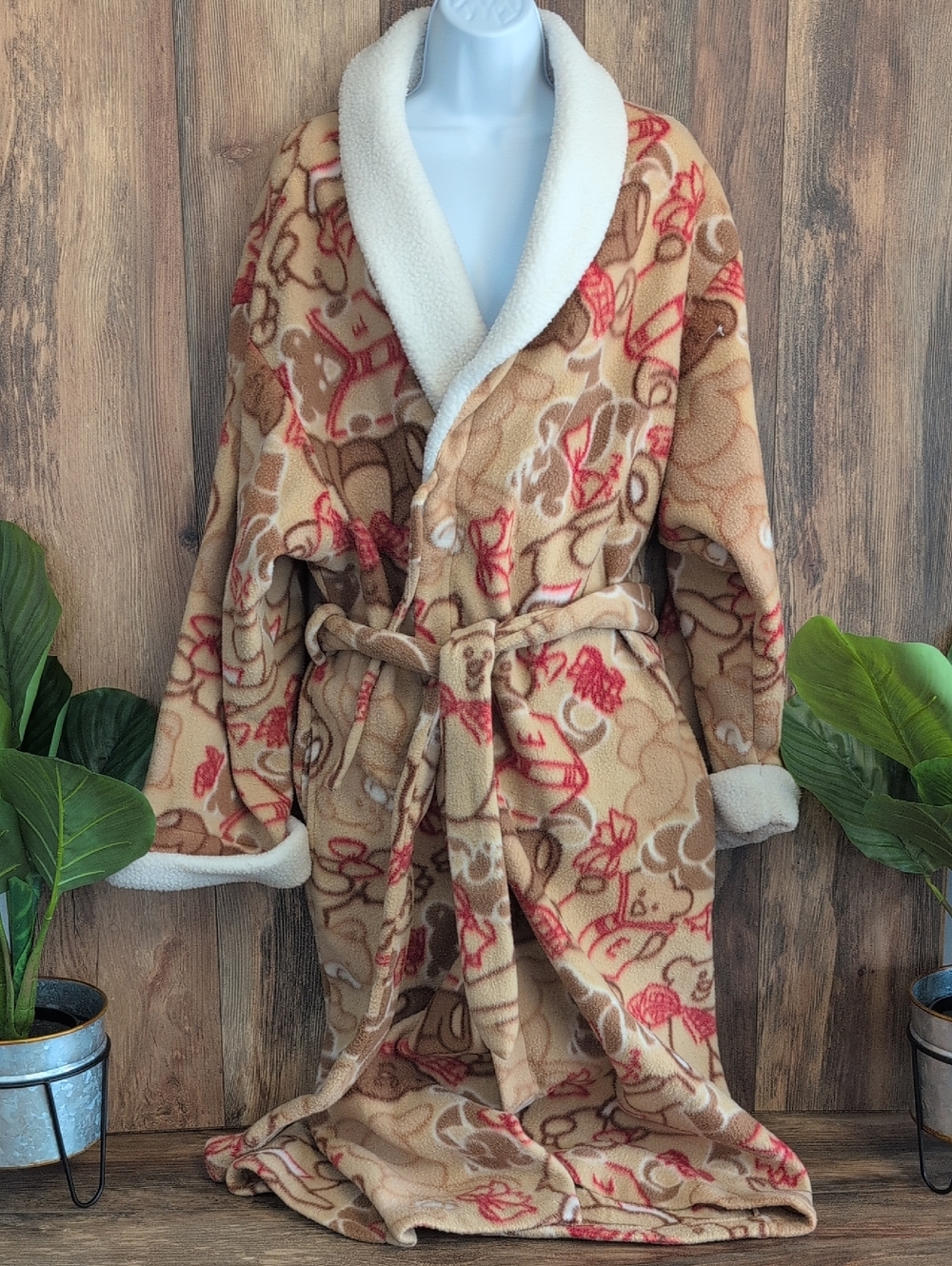 kathy ireland Plush Sherpa-Lined Fleece Robe in Beige XL
